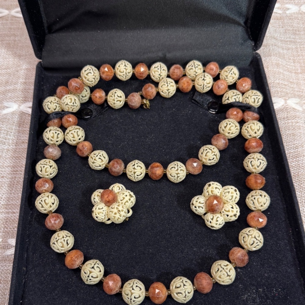 Vintage West Germany Filigree Bead Necklace and Clip On Earring Set Brown Cream